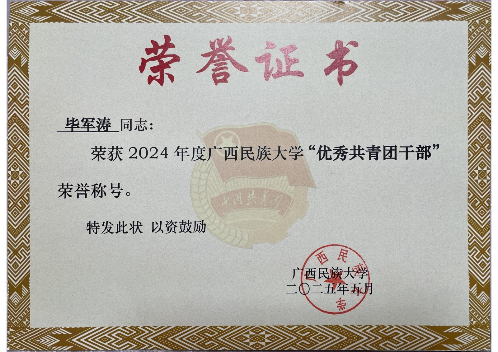 优秀共青团干部荣誉证